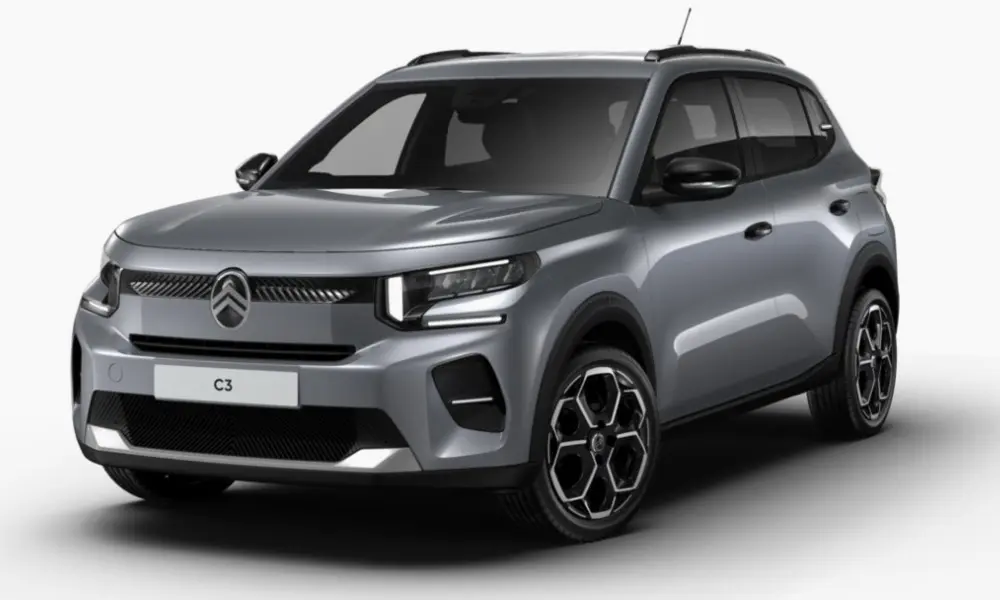 Citroën C3 hybride gris foncé vue 3/4 avant droit avec phares LED et jantes noires distinctives.