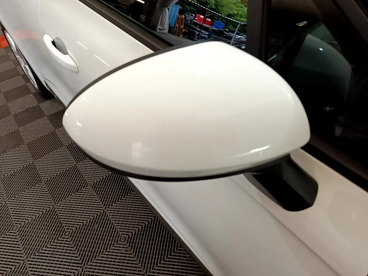 Rétroviseur côté droit blanc en gros plan sur Renault Clio Business 2021, avec porte et poignée visibles.