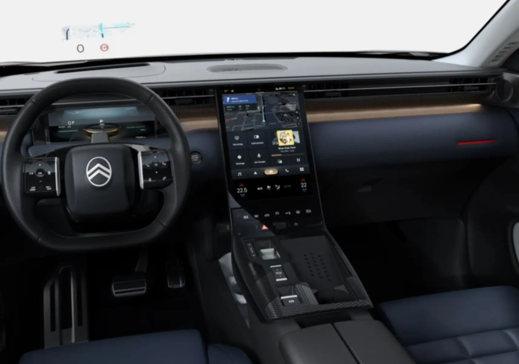 Vue intérieure avant du Citroën C5 Aircross Hybrid 2026, tableau de bord moderne avec écran tactile vertical et volant multifonctions.