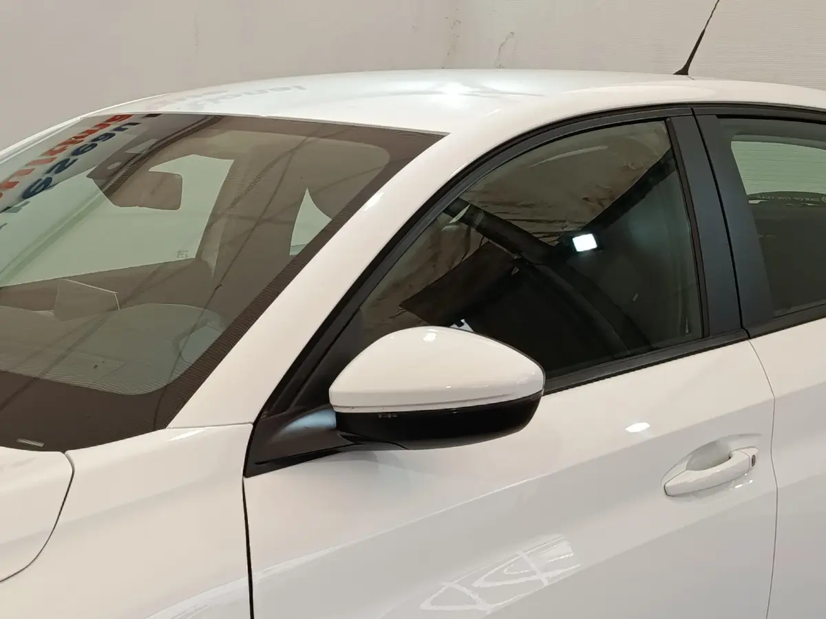 Vue latérale côté gauche d'une Peugeot 208 blanche avec rétroviseur et poignée de porte visibles.