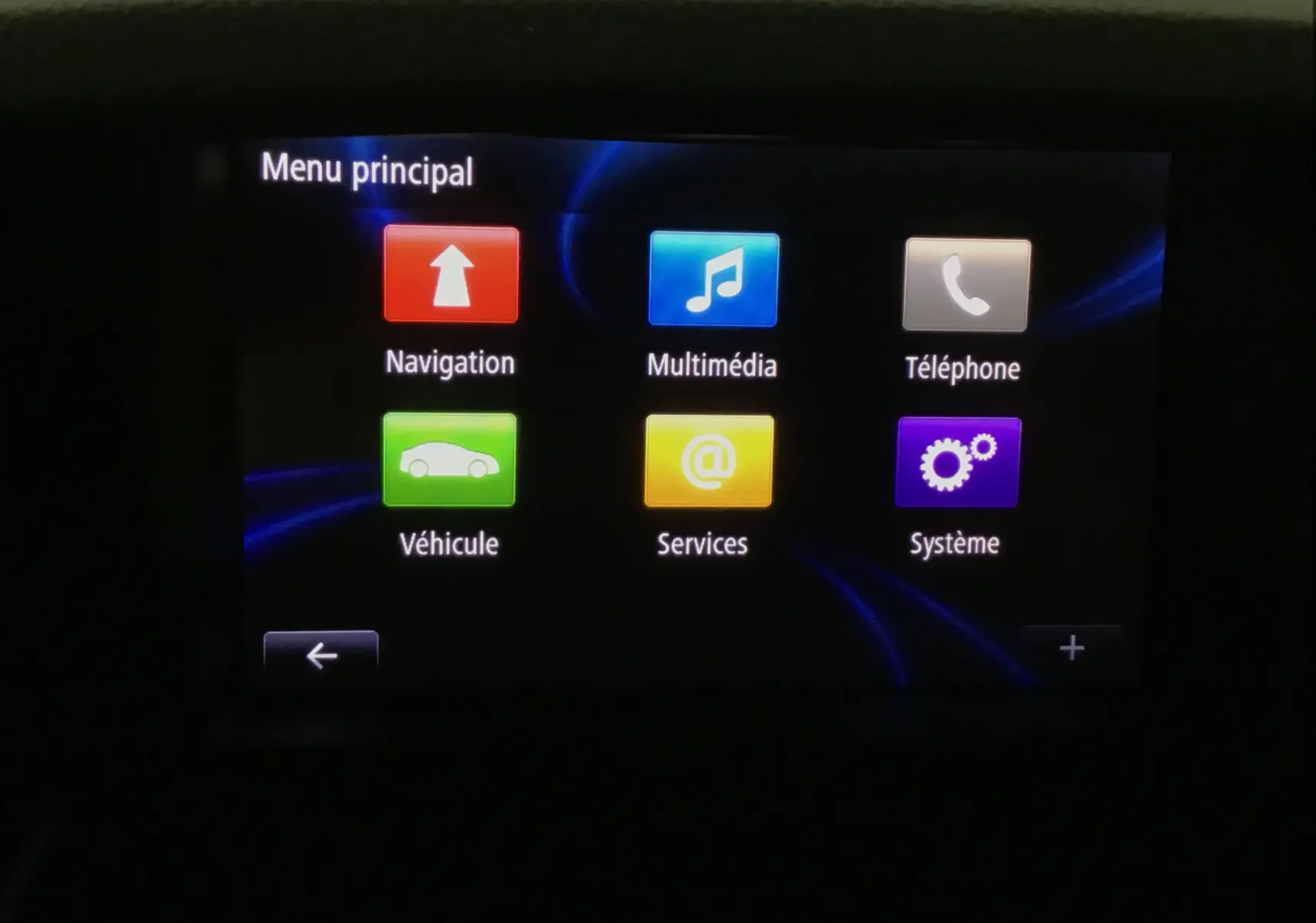 Écran tactile du système R-LINK 2 du Renault Kangoo blanc, affichant le menu principal avec six icônes colorées.