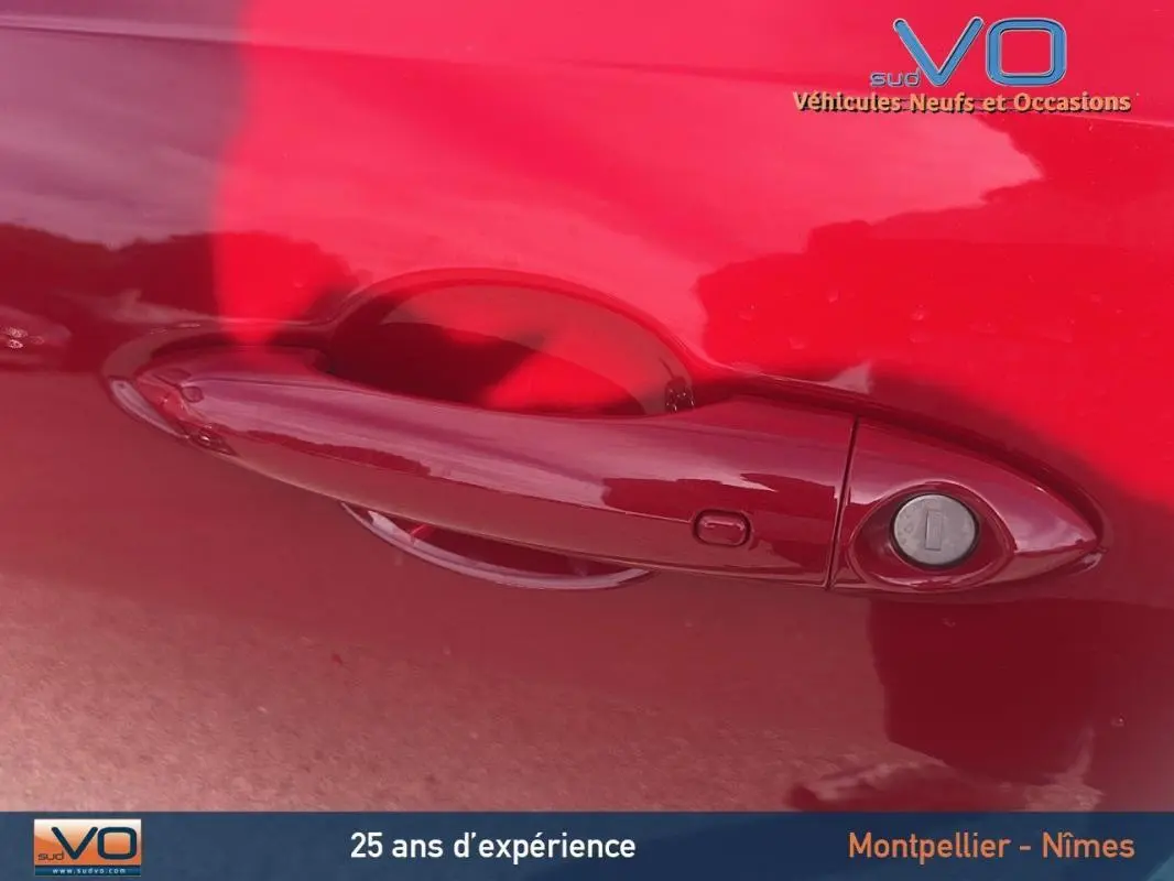 Poignée de porte rouge vue de près sur une Alfa Romeo Tonale 1.5 Hybrid 130 ch TCT7 Sprint 2024.