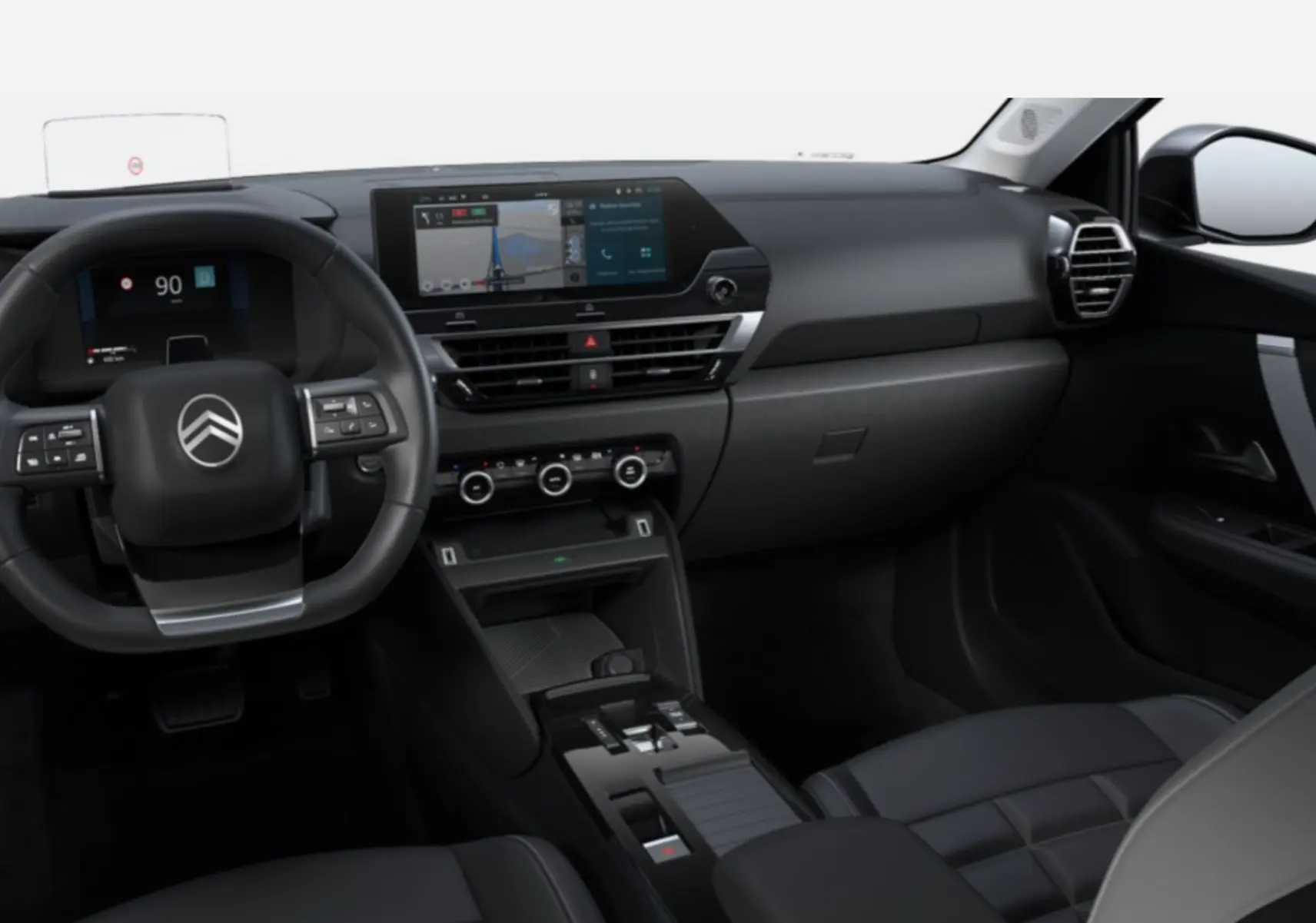 Vue intérieure avant de la Citroën C4 Hybrid 2025, tableau de bord et volant noirs avec écran tactile central.