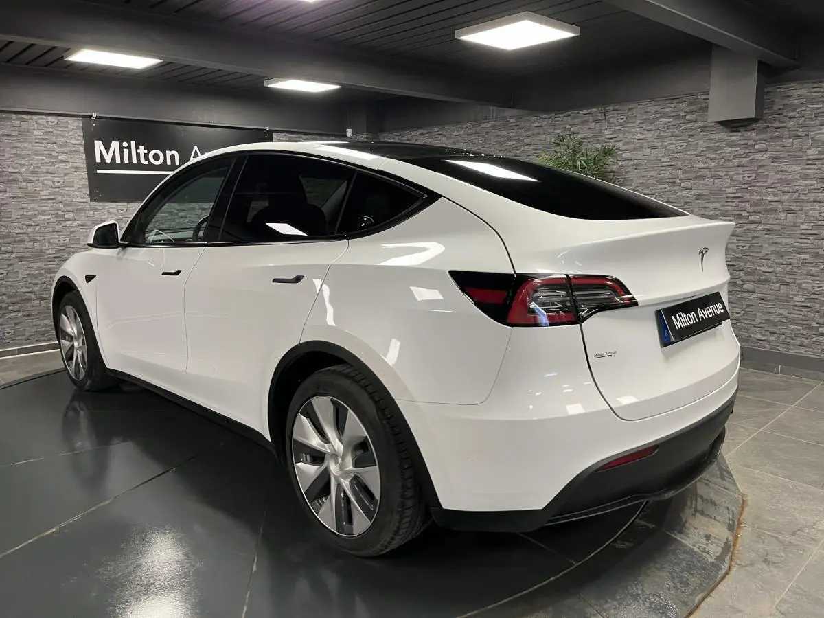 Tesla Model Y blanc nacré vu en 3/4 arrière droit dans un showroom avec toit panoramique noir brillant.