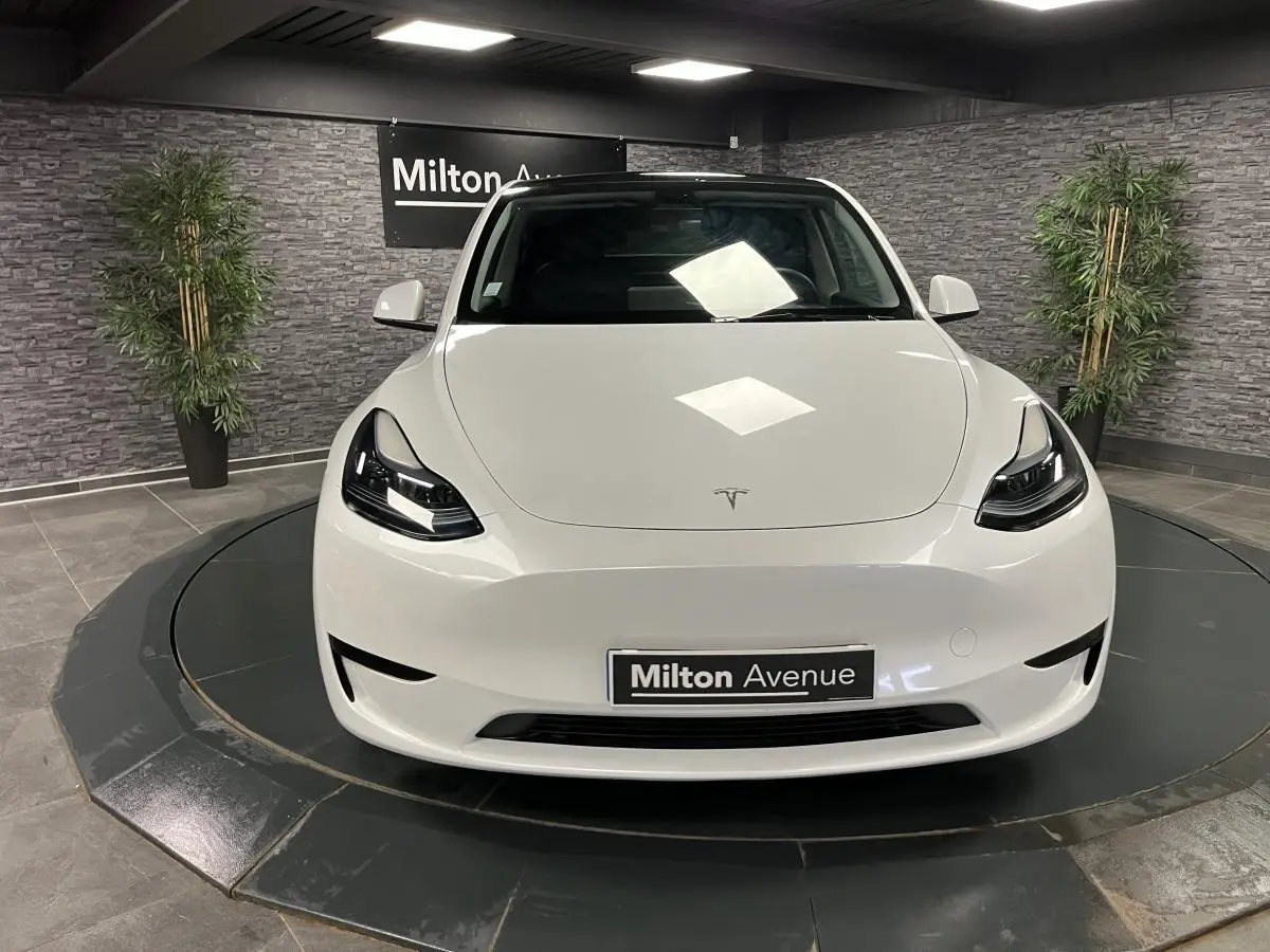 Vue frontale d'une Tesla Model Y RWD blanc nacré, avec phares LED et plaque Milton Avenue en showroom.
