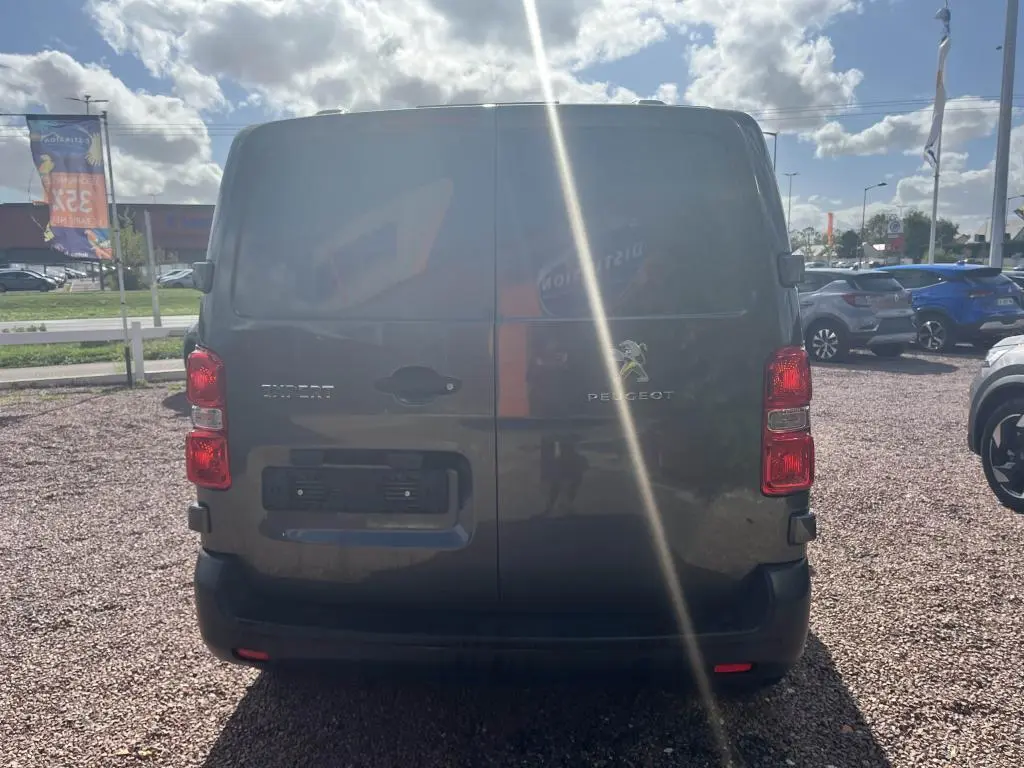Vue arrière d'un Peugeot Expert Fourgon gris platinium métal avec portes battantes et feux rouges visibles.