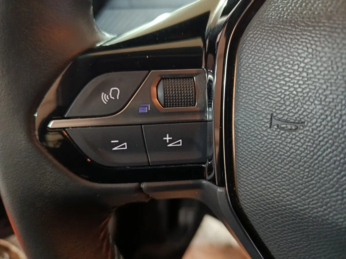 Gros plan sur les commandes gauche du volant noir de la Peugeot 208 2022, avec boutons de volume et reconnaissance vocale.