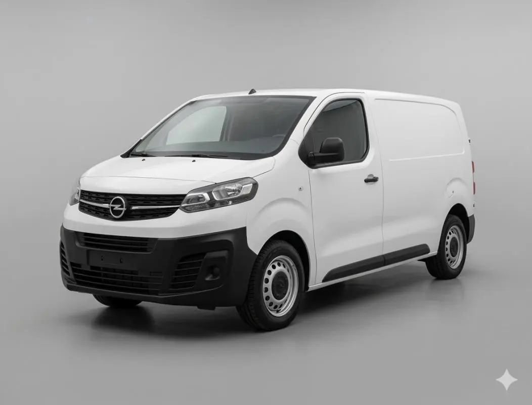 Opel Vivaro blanc en vue 3/4 avant droit, fourgon utilitaire avec porte latérale et pare-chocs noirs.