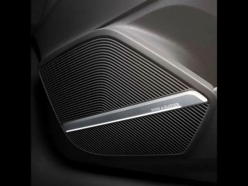 Gros plan sur l'enceinte Bang & Olufsen intégrée dans la porte intérieure de l'Audi Q5 noir métal 2017.