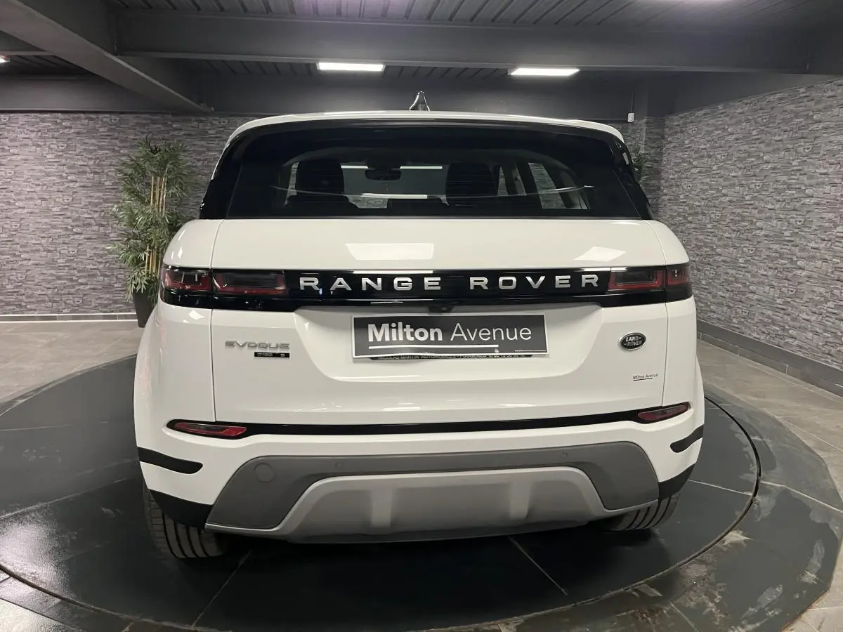 Vue arrière d'un Range Rover Evoque blanc 2020 avec logo et feux arrière étirés en intérieur showroom.