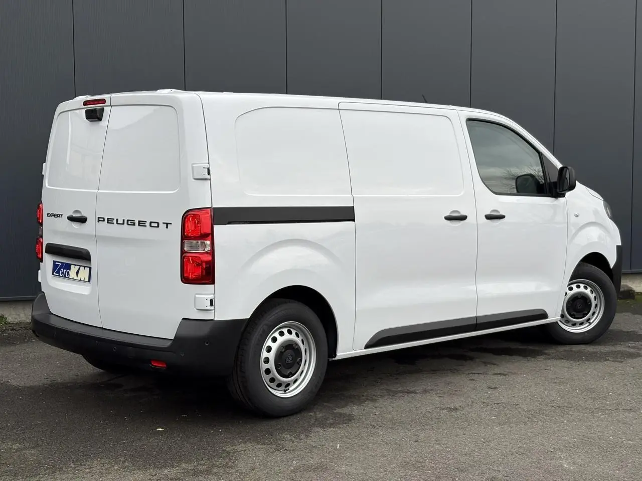 Vue 3/4 arrière droite du Peugeot Expert Fourgon blanc Icy avec portes arrière battantes et jantes tôles grises.
