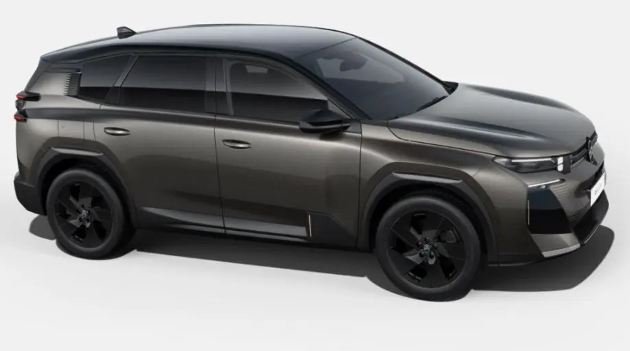 Vue de profil droit du Citroën C5 Aircross 2026 bi-ton gris platinium et toit noir, avec jantes noires distinctives.