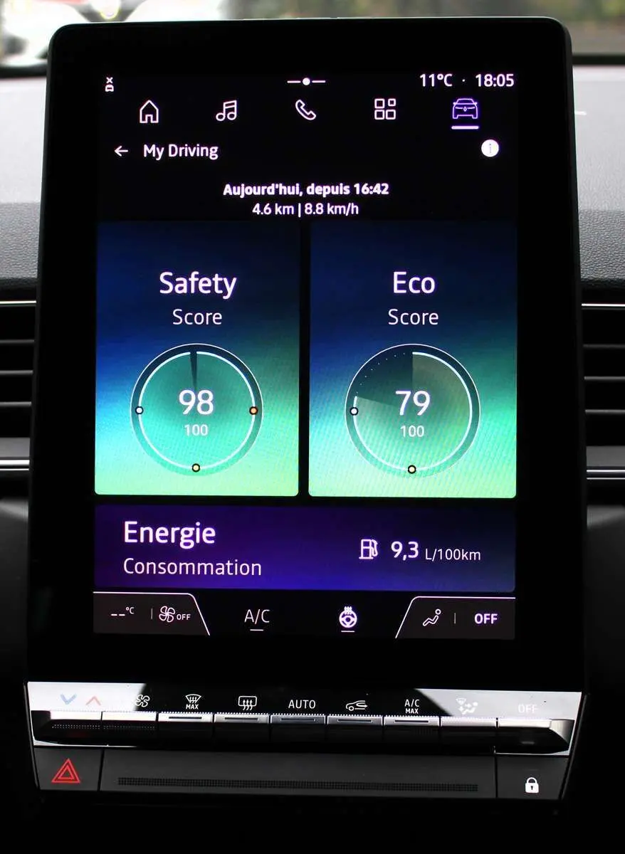 Écran tactile central du tableau de bord du Renault Captur 2025, affichant scores de conduite et consommation.