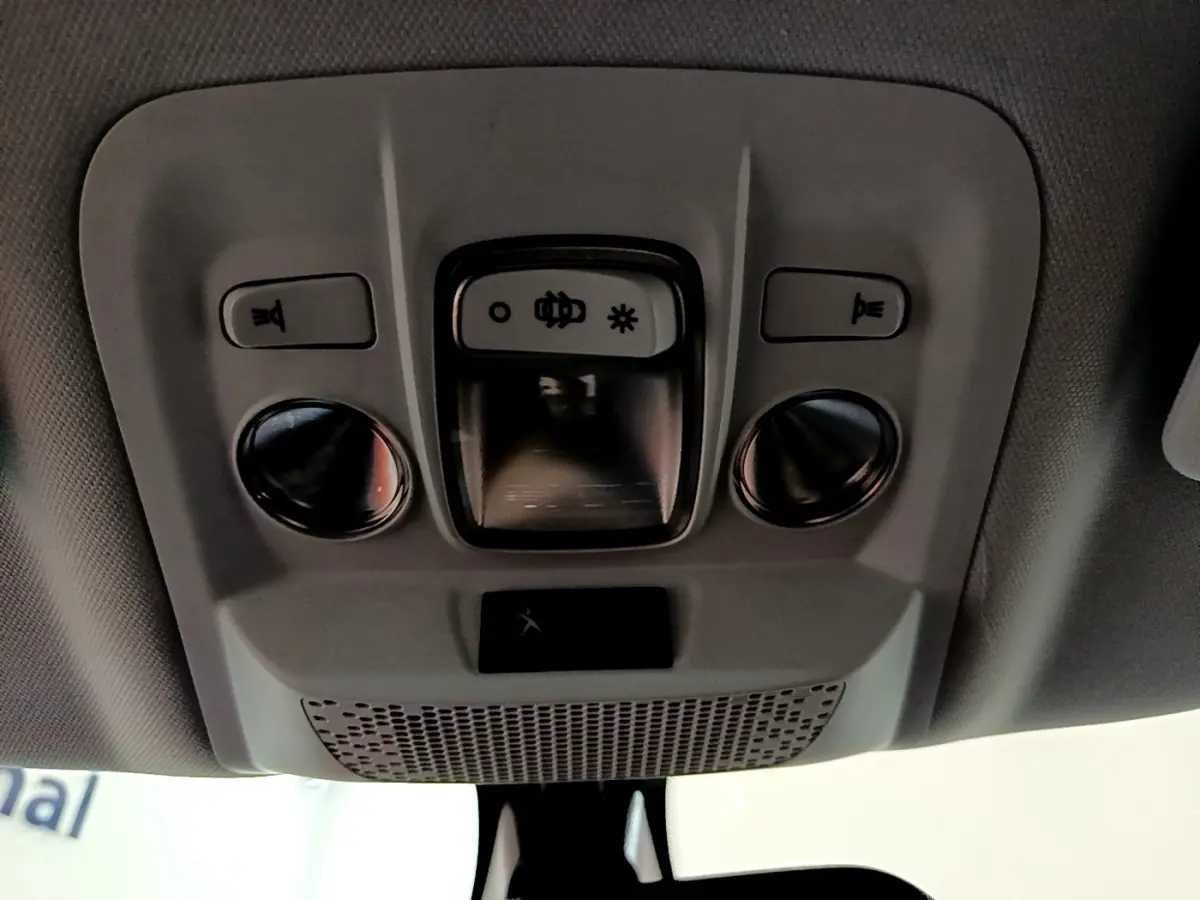 Plafonnier intérieur gris avec commandes d'éclairage et haut-parleur, Peugeot 2008 Puretech 2019.