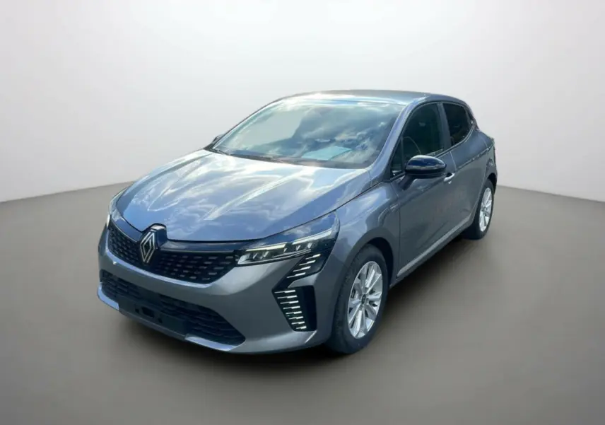 Renault Clio gris schiste en 3/4 avant droit, avec feux full LED et jantes alu 16 pouces pack look.
