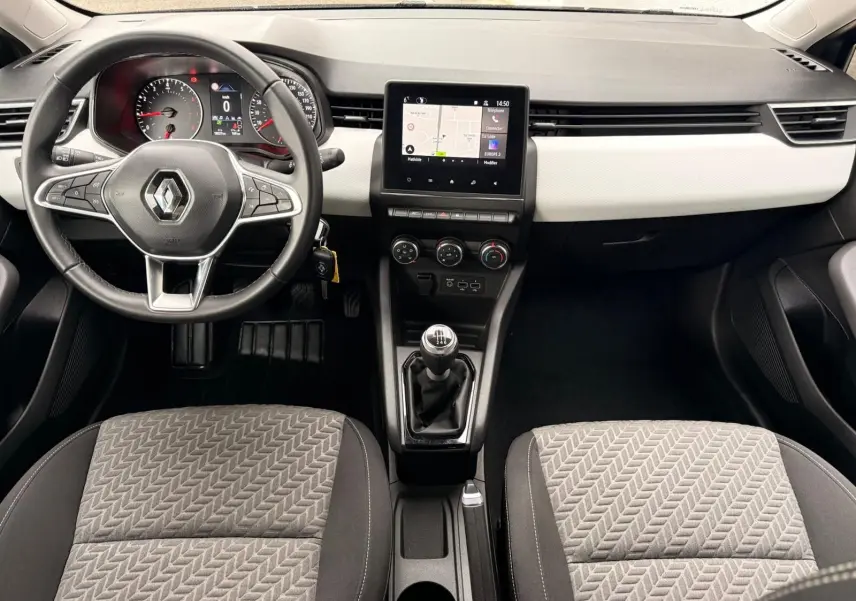 Vue intérieure côté droit des sièges arrière gris à motifs géométriques de la Renault Clio V 1.0 TCE 90 Evolution 2023