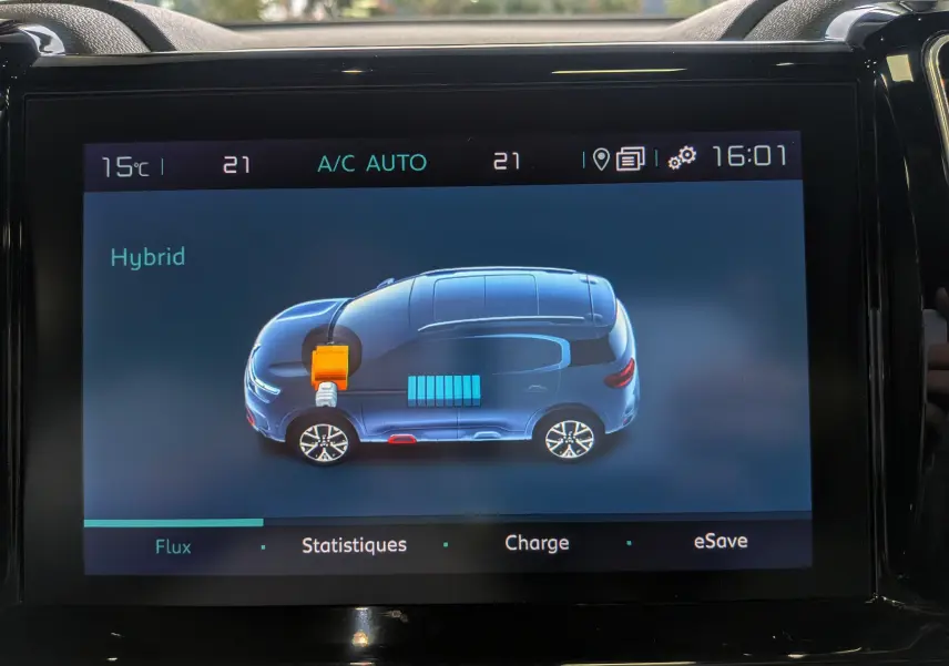 Écran intérieur affichant le schéma hybride du Citroën C5 Aircross blanc, vue latérale stylisée du véhicule.