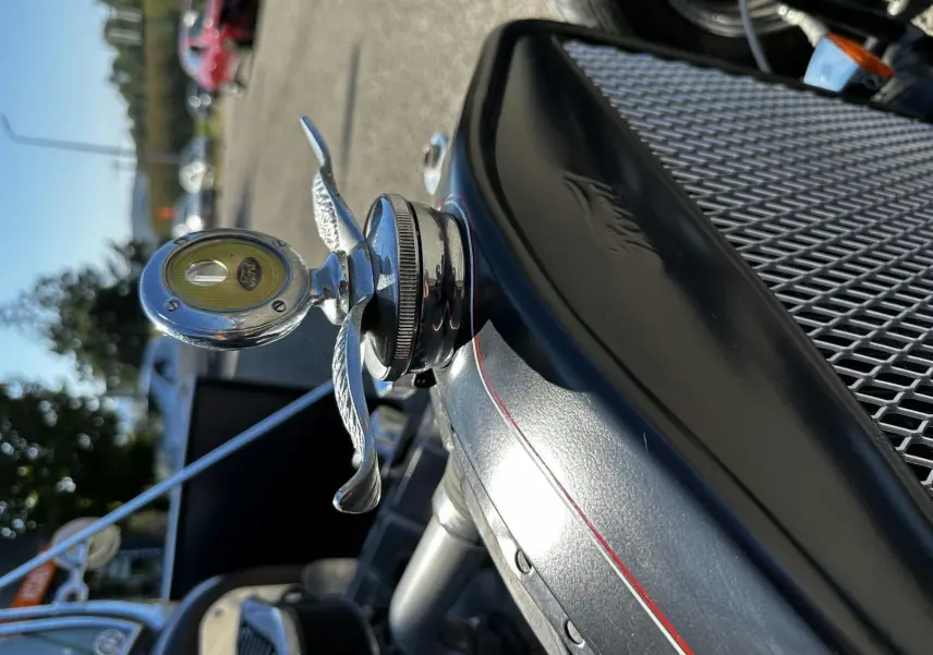 Gros plan sur le bouchon de radiateur chromé avec logo Ford, liseré rouge et calandre noire du Ford T Hot Rod 1923.