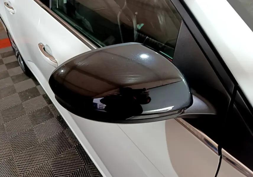 Rétroviseur noir brillant côté gauche d'une Renault Mégane Techno blanche vue en léger plongé, avec poignée de porte visible.