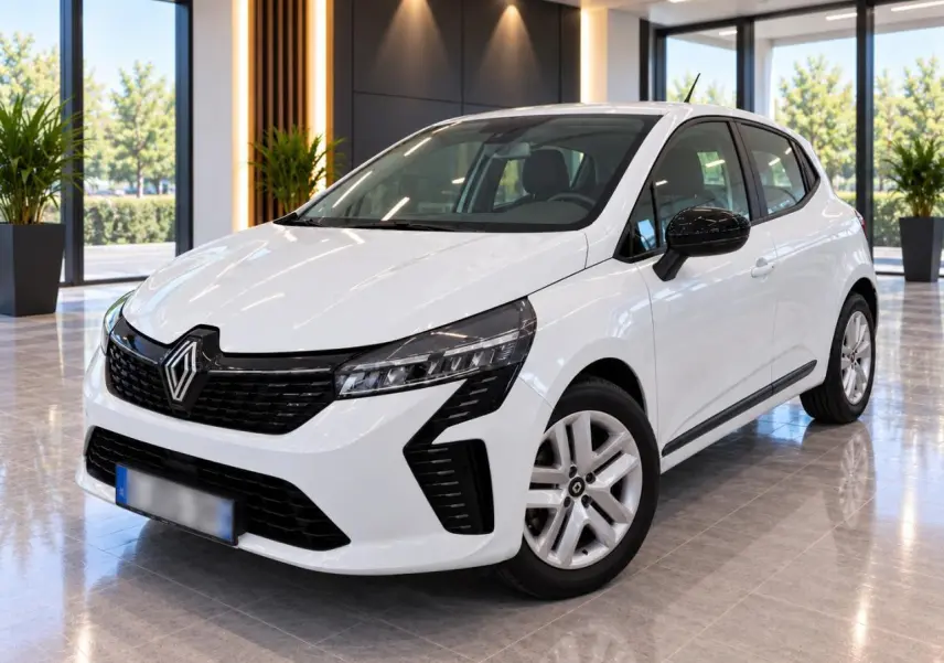 Renault Clio blanc glacier vue 3/4 avant droit, avec calandre noire et rétroviseurs noirs brillants.