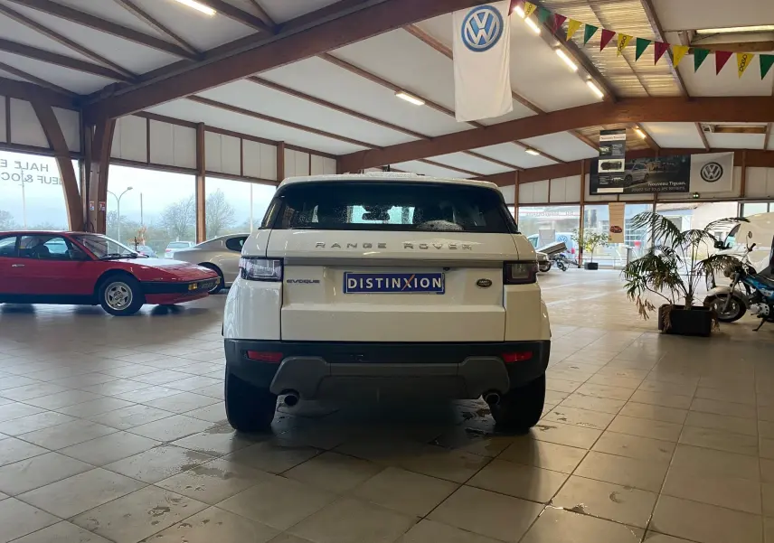 Vue arrière d'un Range Rover Evoque blanc 2016 dans un showroom avec logo Volkswagen suspendu au plafond.