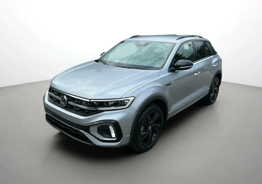 Volkswagen T-Roc TDI 150 R-Line Black gris pyrite en 3/4 avant droit avec jantes noires distinctives.