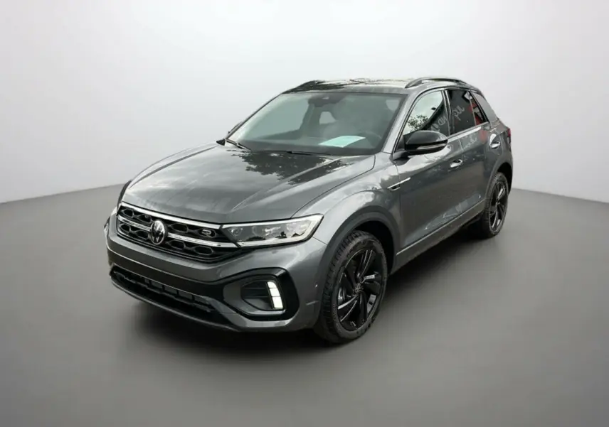 Volkswagen T-Roc TDI 150 R-Line Black gris indium en 3/4 avant droit avec jantes noires et détails sportifs
