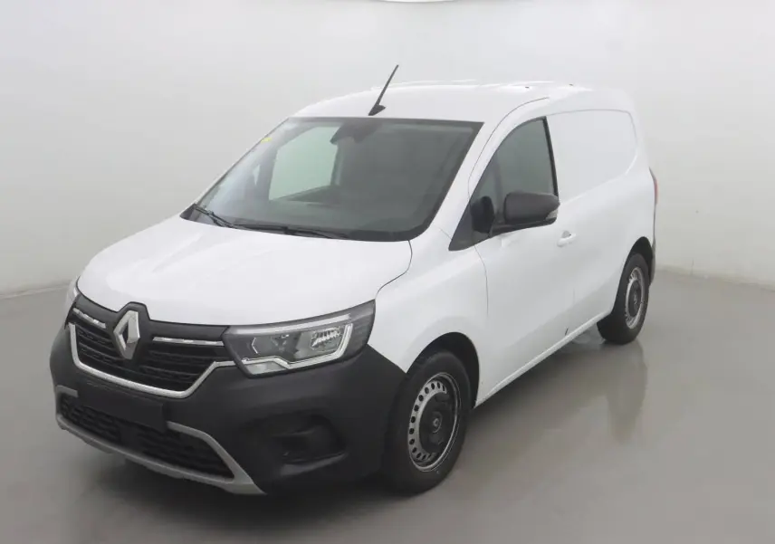Renault Kangoo Van blanc vue 3/4 avant droit, avec pare-chocs noir et jantes acier simples.