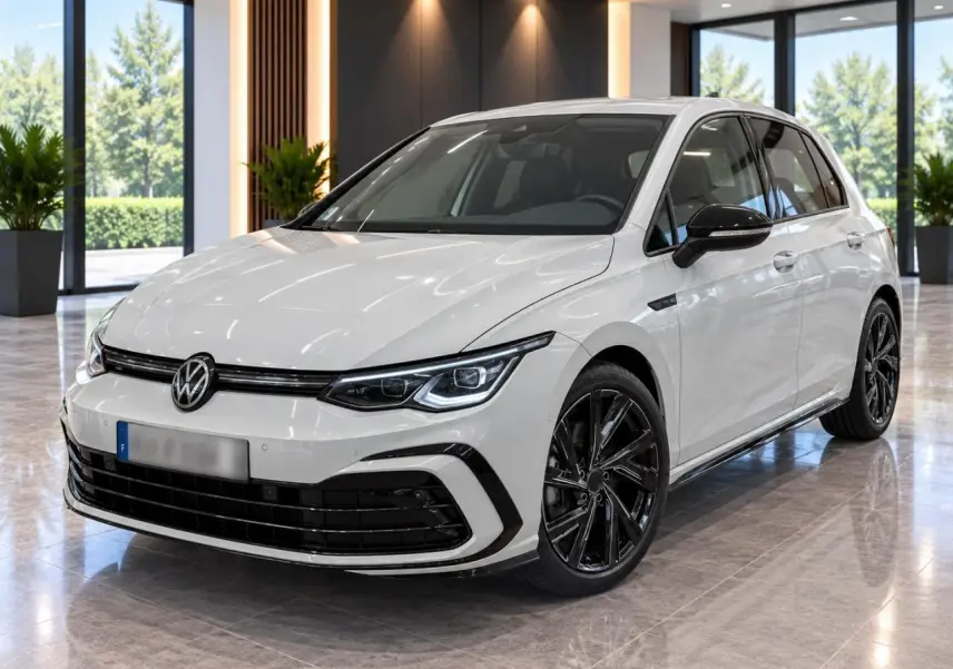 Volkswagen Golf 1.5 eTSI blanche vue 3/4 avant en intérieur avec jantes noires Bergamo 18 pouces.