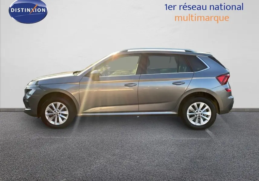 Profil côté gauche d'un Skoda Kamiq gris graphite métal 2024 avec jantes alliage et toit blanc.