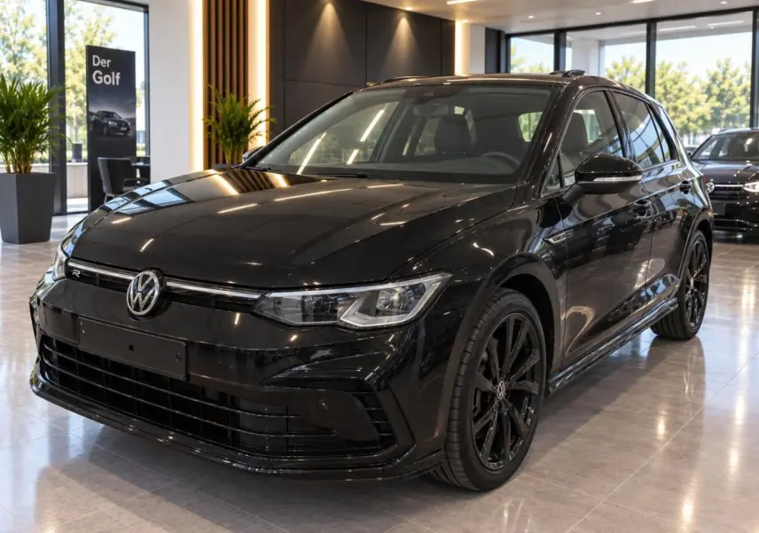 Volkswagen Golf 1.5 eTSI R-Line noir métal vue 3/4 avant avec jantes noires en alliage léger 18 pouces.