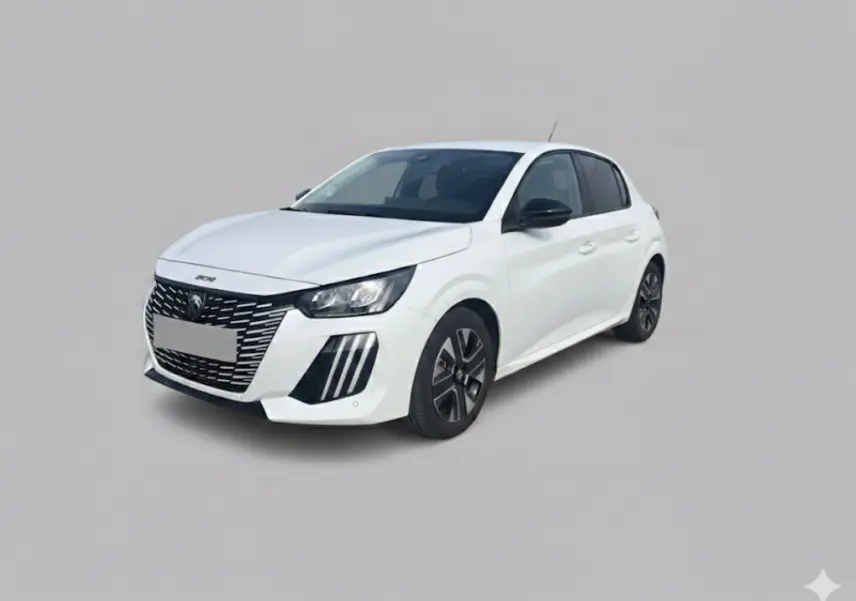 PEUGEOT 208 Hybrid 110 e-DCS6 Allure blanc vu en 3/4 avant droit avec calandre distinctive et jantes noires.