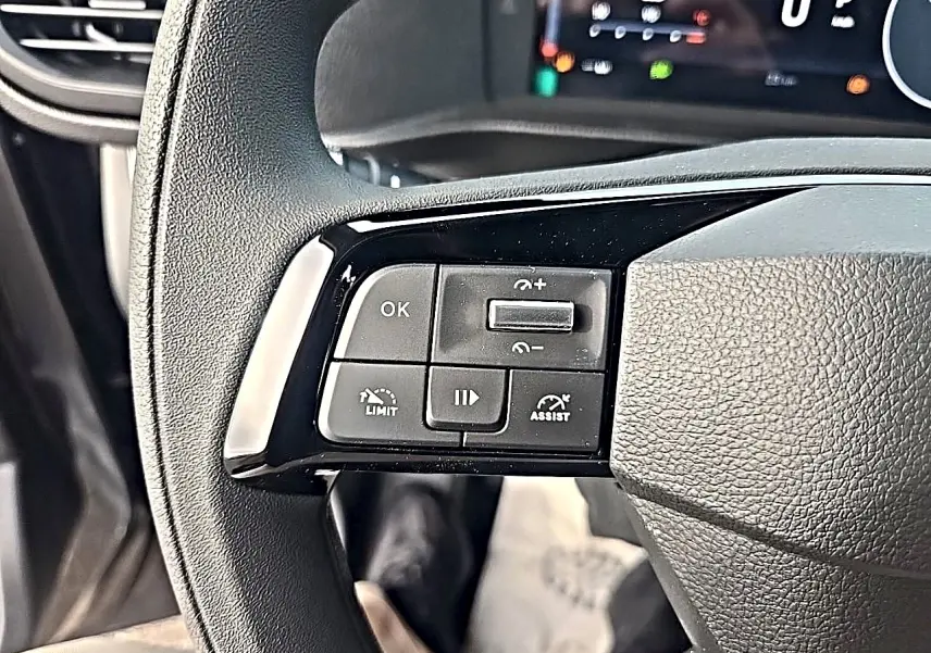 Gros plan sur les commandes à gauche du volant noir du Fiat Scudo Combi gris titane, avec affichage numérique en arrière-plan.