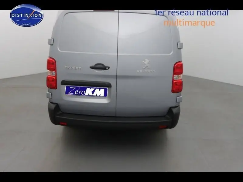 Vue arrière d'un Peugeot Expert Fourgon gris acier métal avec portes battantes et logo Peugeot visible.
