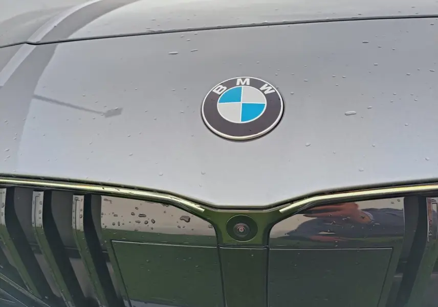 Gros plan sur la calandre noire et le capot gris Skyscraper d'une BMW Série 1 M Sport avec logo BMW visible.