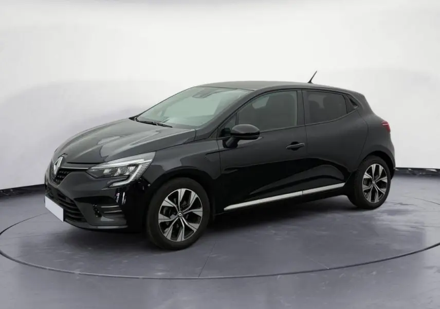 Renault Clio V TCe 100 GPL noir vue 3/4 avant droit, jantes alliage et lignes épurées visibles.