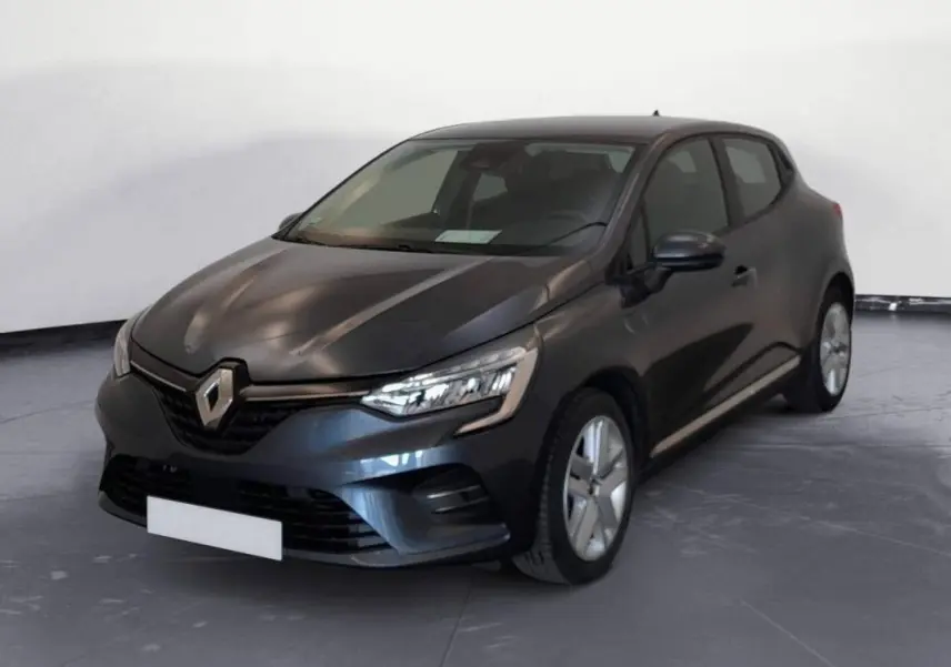 Renault Clio V TCe 100 Business gris foncé vue 3/4 avant droit, avec phares LED et jantes alliage.