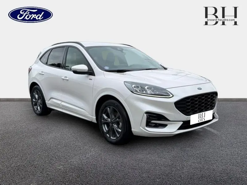 Vue 3/4 avant droite d'un Ford Kuga 2023 blanc Premium Platinum avec jantes alu foncées et calandre noire.
