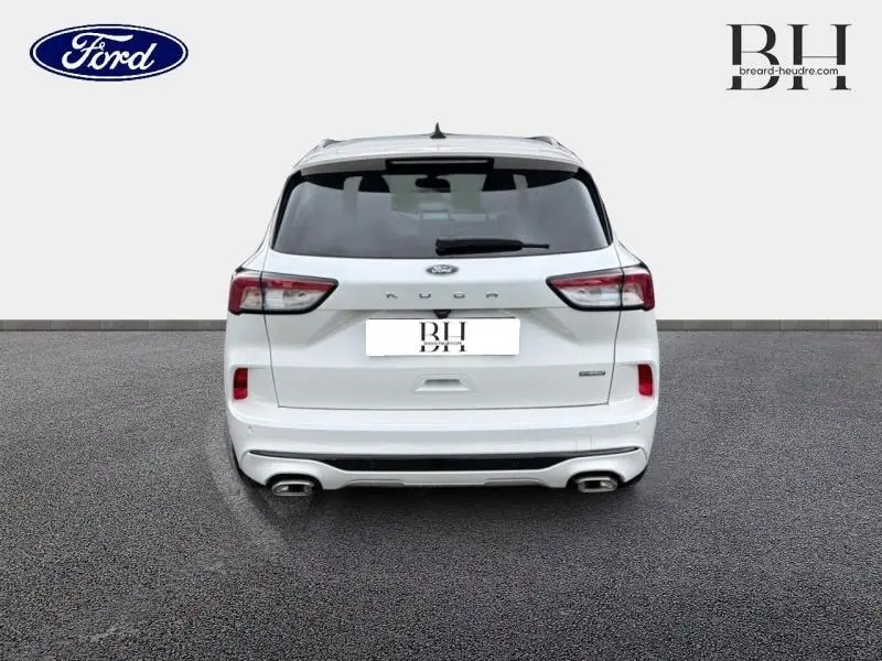 Vue arrière d'un Ford Kuga 2023 blanc Premium Platinum avec feux LED et double sortie d'échappement chromée.