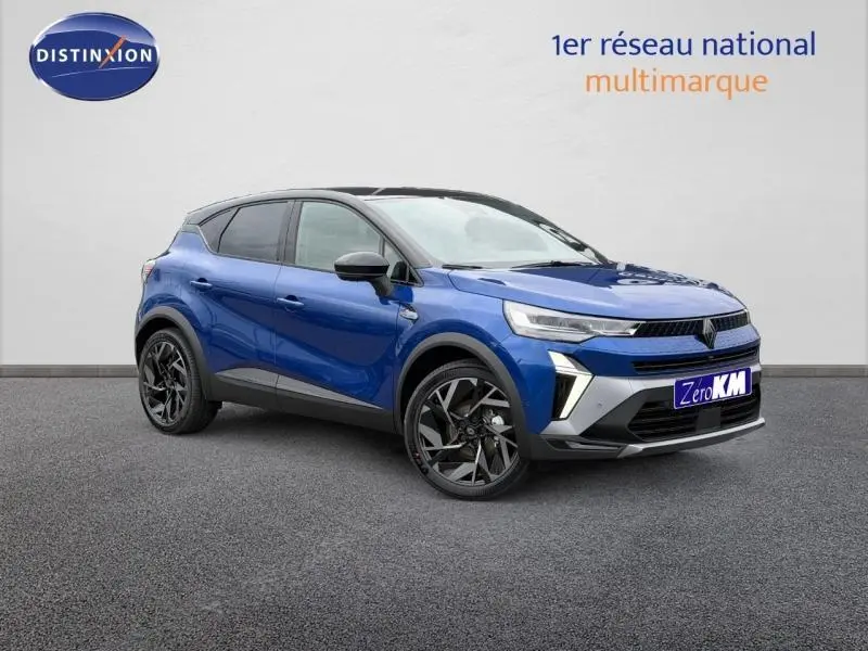 Renault Captur 2026 bleu Iron et noir étoilé en vue 3/4 avant droit, avec jantes noires distinctives esprit Alpine.