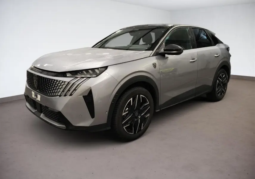Peugeot 3008 Hybrid gris Artense en vue 3/4 avant droit, avec toit noir et jantes alliage noires diamantées.