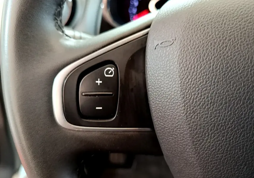 Gros plan sur le volant cuir noir de la Renault Clio Business TCe 90 2019 avec commandes de régulateur de vitesse.