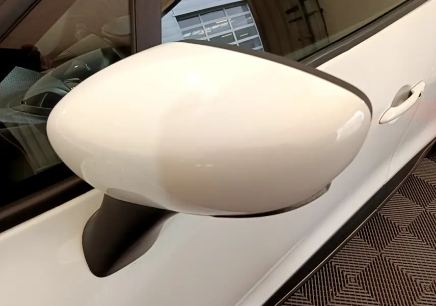 Rétroviseur côté gauche blanc de la Renault Clio Business TCe 90 2019, vue rapprochée avec porte et poignée visibles.