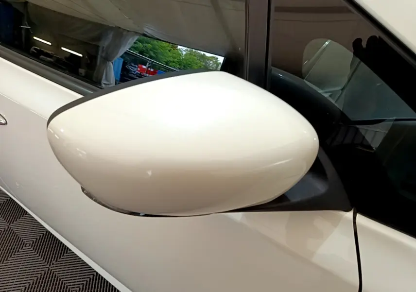 Rétroviseur côté gauche blanc de la Nissan LEAF 62 kWh 217ch Business+ 2020, vue rapprochée sur porte et vitre.