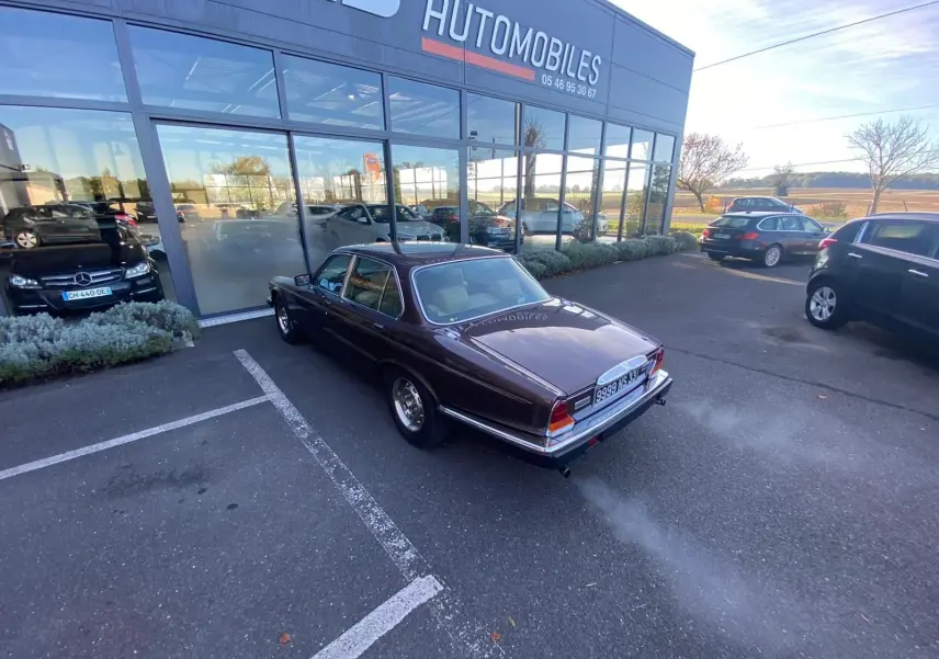 Jaguar XJ6 Série 3 4.2 Sovereign marron vue 3/4 arrière droit sur parking devant un showroom automobile.