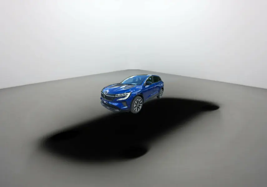 Renault Austral E-Tech 200 Techno Tpano 2025 bleu iron en 3/4 avant droit sur fond neutre avec ombre marquée.