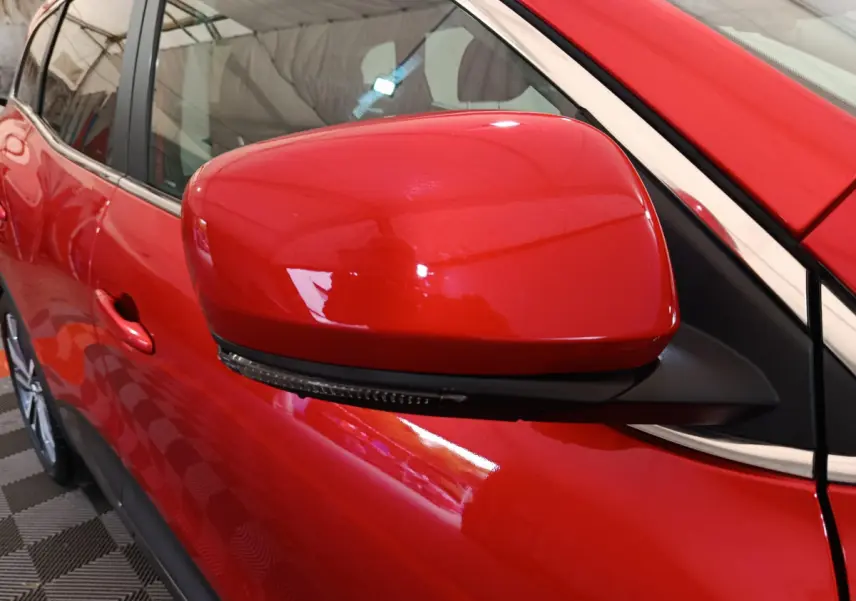 Rétroviseur côté gauche rouge brillant du Renault Kadjar Intens 2017 avec clignotant intégré visible.