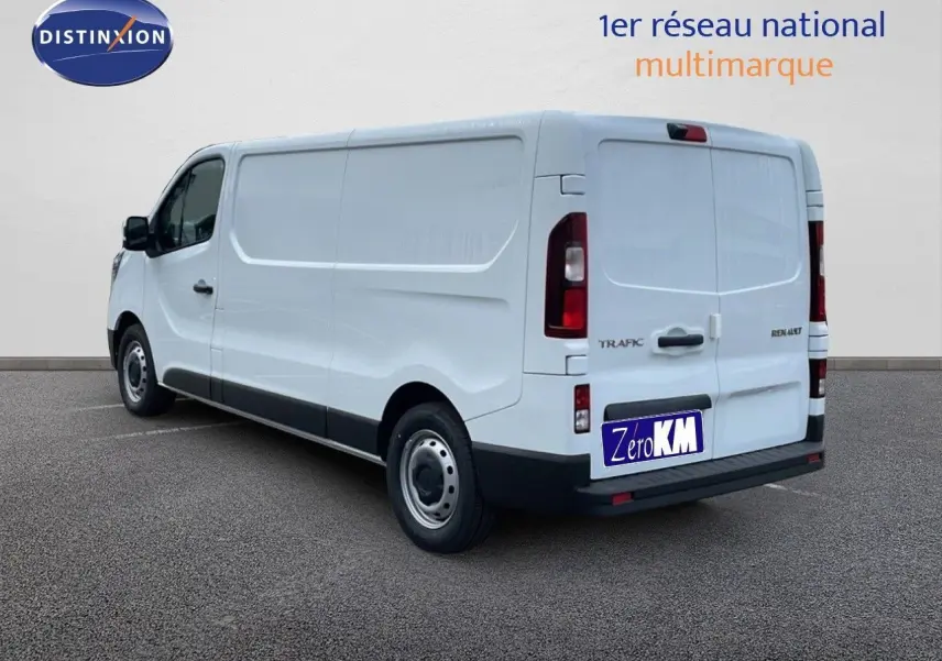 Vue 3/4 arrière gauche d'un Renault Trafic fourgon blanc glacier, avec portes arrière fermées et jantes acier simples.