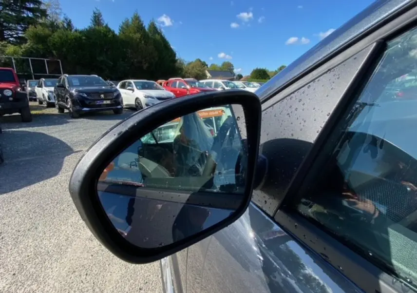 Rétroviseur côté gauche d'une Dacia Logan gris 2022 avec gouttes d'eau, vue rapprochée sur la portière avant.