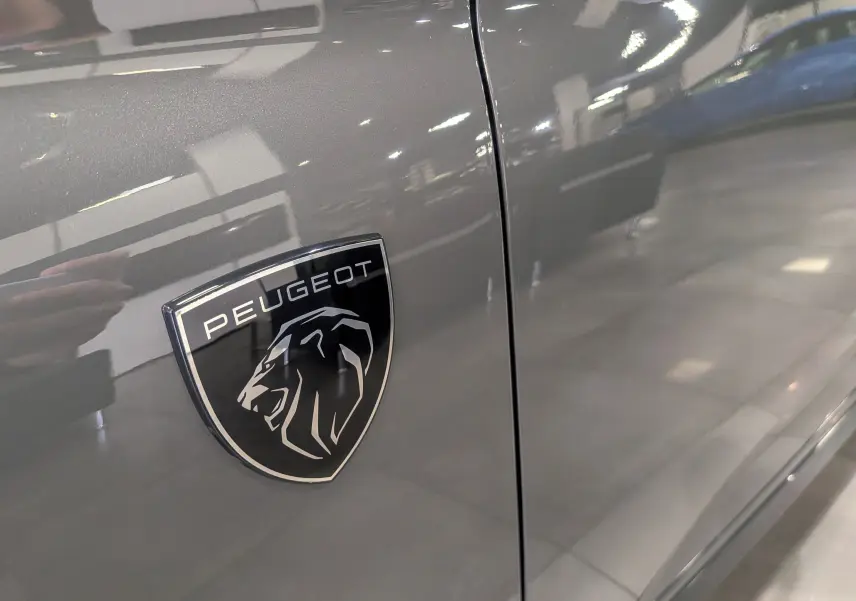 Gros plan sur l'écusson Peugeot noir et argent sur la porte gris Sélénium d'une 308 GT Exclusive 2026.